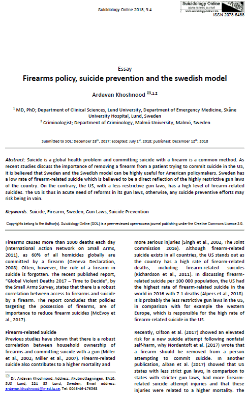 Skjutvapen policy, förebyggande av självmord och den svenska modellen [Engelska]